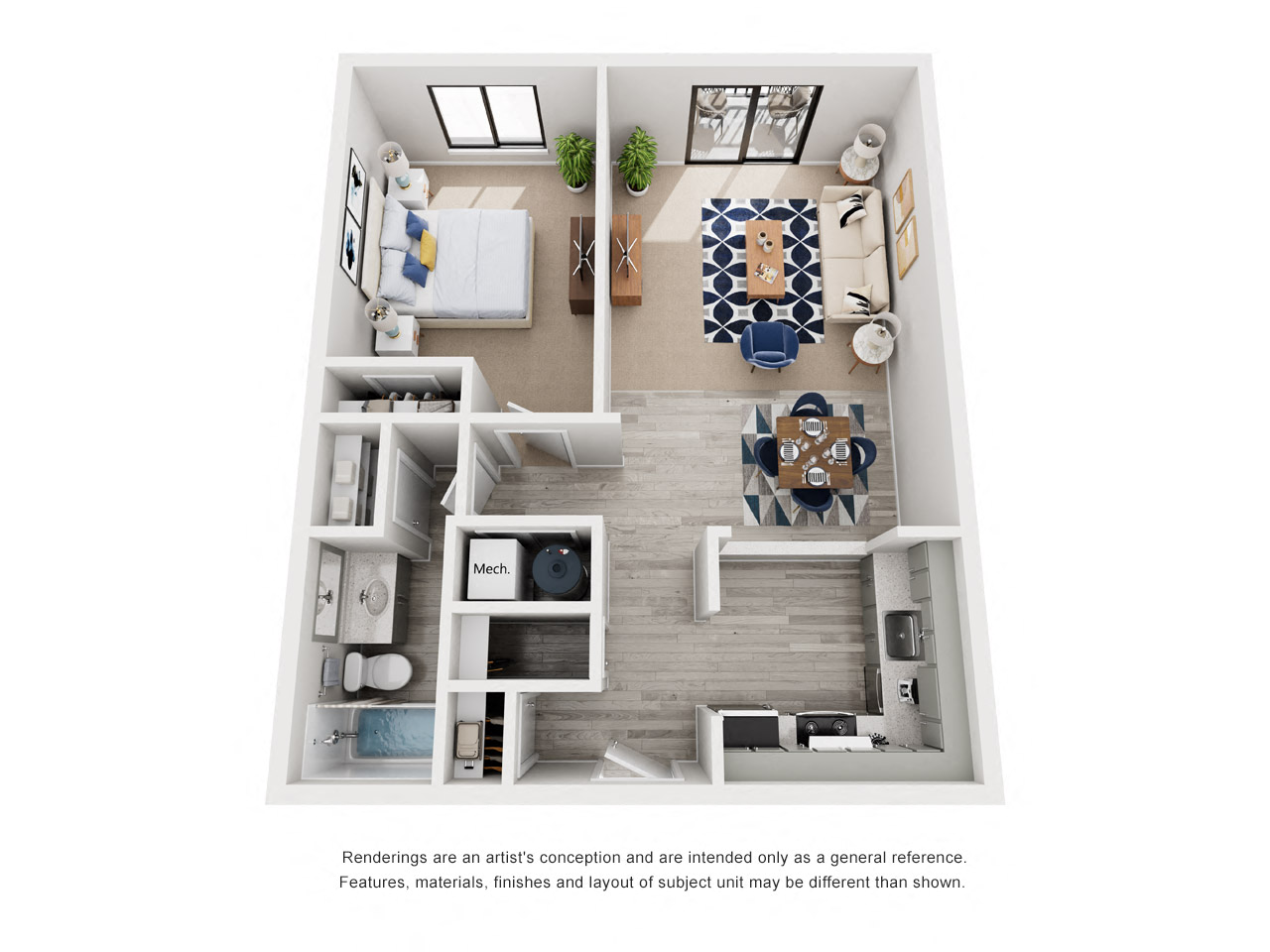 Floor plan for 1 bed, 1 bath, 700 sqft